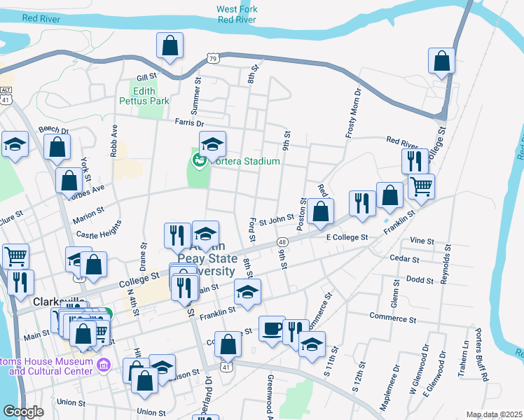 map of restaurants, bars, coffee shops, grocery stores, and more near 423 Ford Street in Clarksville
