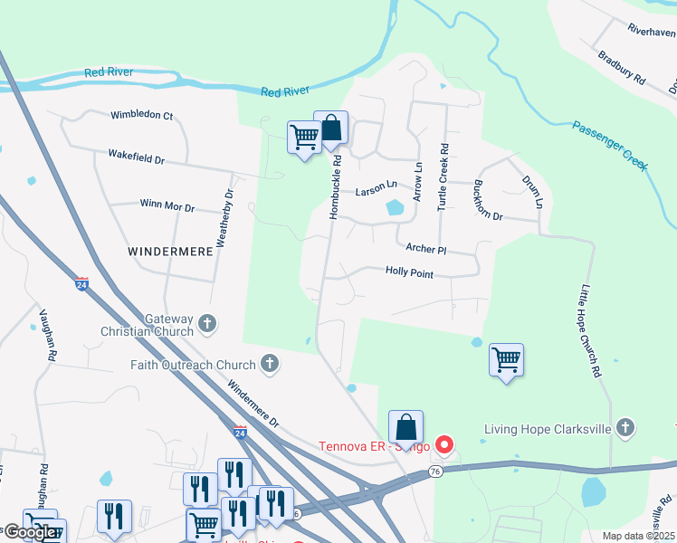 map of restaurants, bars, coffee shops, grocery stores, and more near 850 Nandina Court in Clarksville