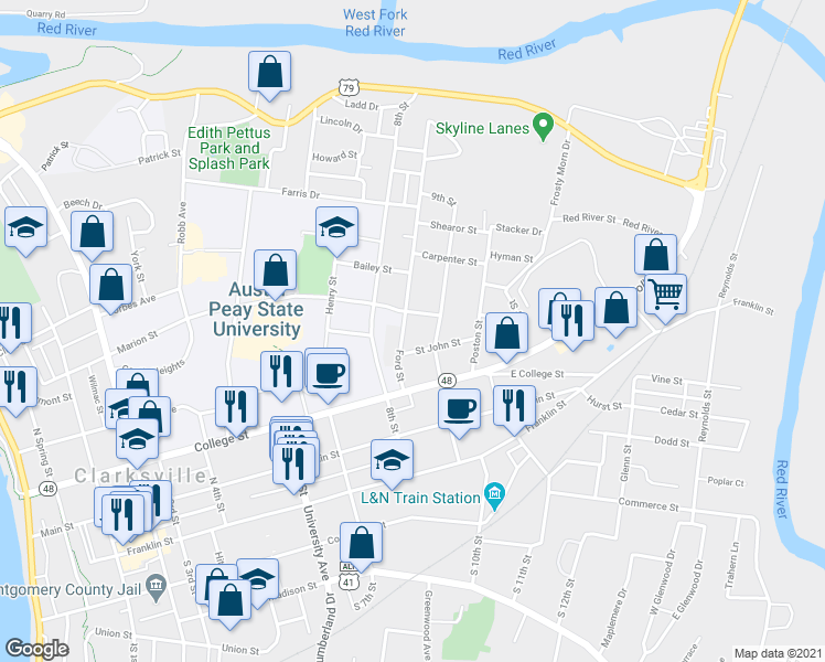 map of restaurants, bars, coffee shops, grocery stores, and more near 412 Ford Street in Clarksville