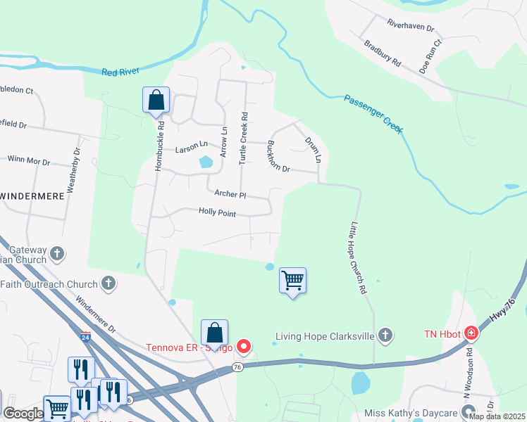 map of restaurants, bars, coffee shops, grocery stores, and more near 3146 Holly Point in Clarksville