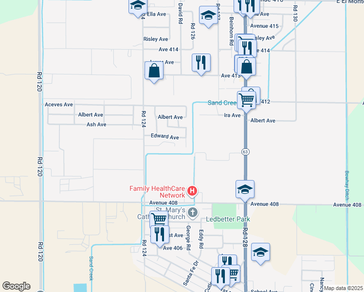map of restaurants, bars, coffee shops, grocery stores, and more near 41021 David Road in Orosi