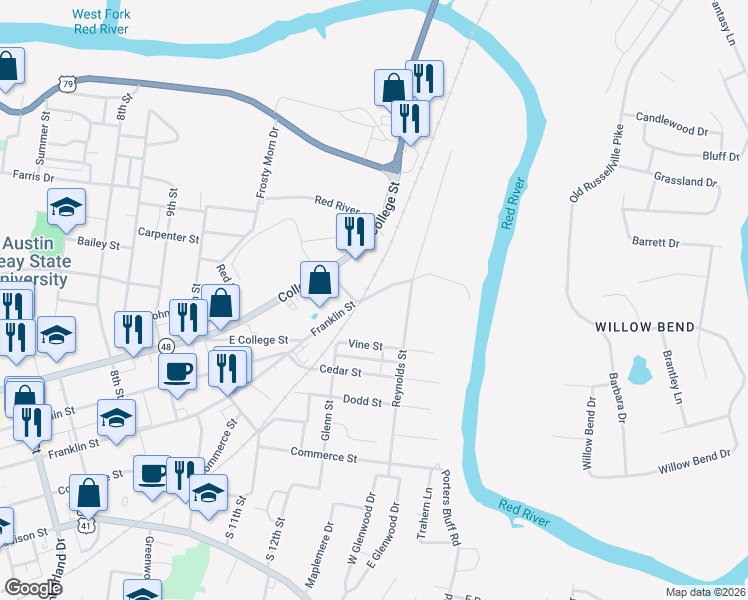 map of restaurants, bars, coffee shops, grocery stores, and more near 1300 Franklin Street in Clarksville