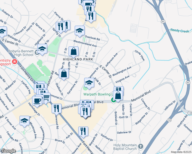 map of restaurants, bars, coffee shops, grocery stores, and more near 2712 Polk Street in Kingsport