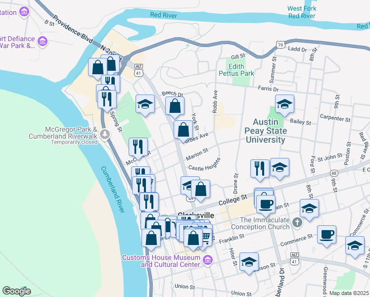 map of restaurants, bars, coffee shops, grocery stores, and more near 529 North 2nd Street in Clarksville