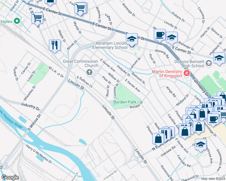 map of restaurants, bars, coffee shops, grocery stores, and more near 842 Lamont Street in Kingsport