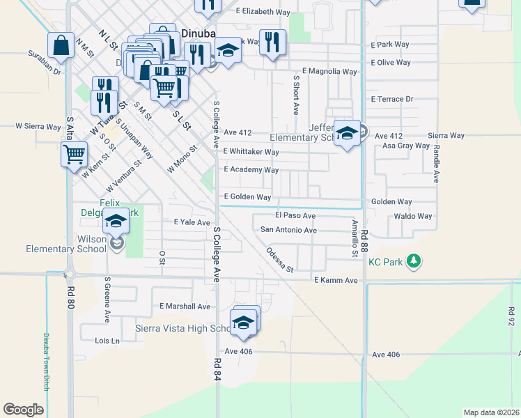 map of restaurants, bars, coffee shops, grocery stores, and more near El Paso Avenue in Dinuba