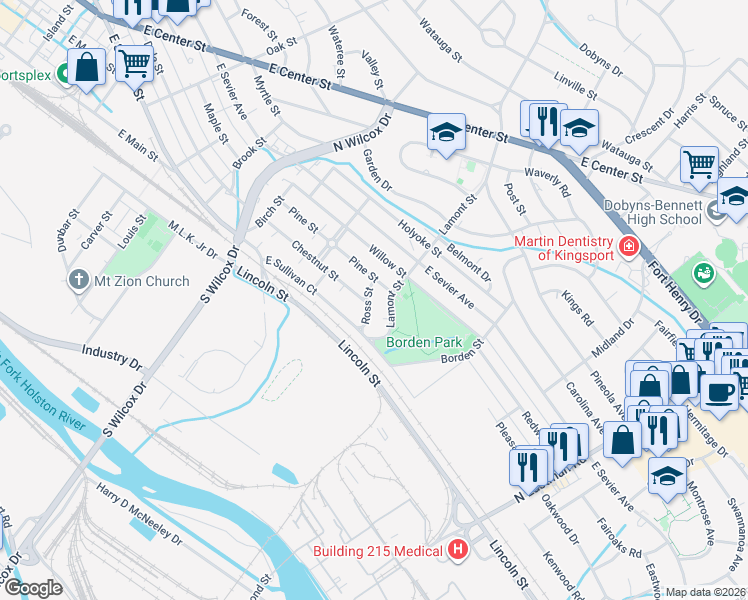 map of restaurants, bars, coffee shops, grocery stores, and more near 710 Ross Street in Kingsport