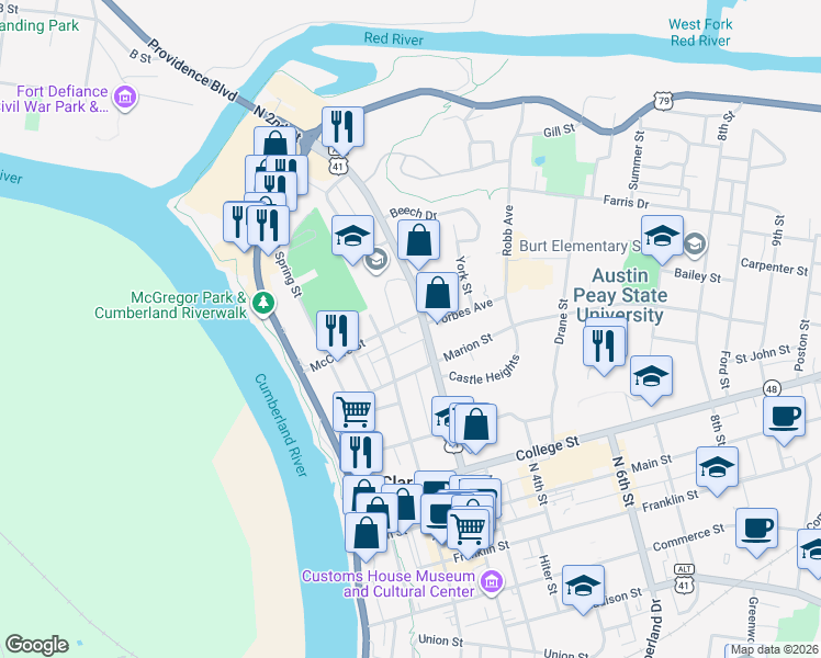 map of restaurants, bars, coffee shops, grocery stores, and more near 524 North 2nd Street in Clarksville