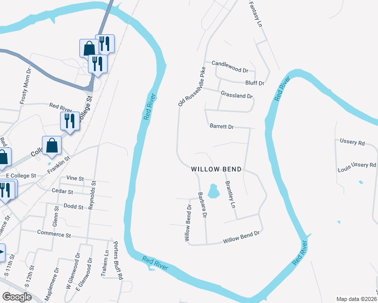 map of restaurants, bars, coffee shops, grocery stores, and more near 1530 Homeplace Court in Clarksville