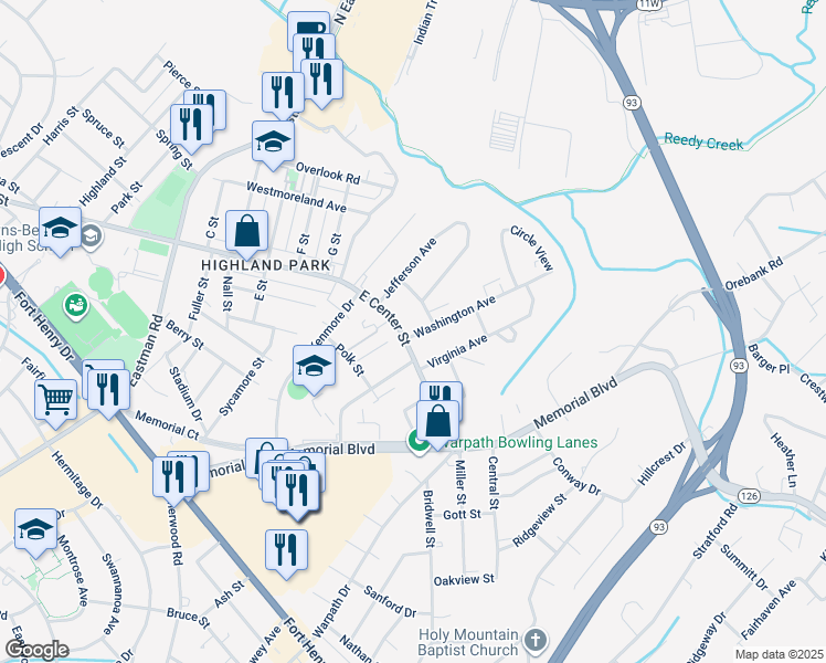map of restaurants, bars, coffee shops, grocery stores, and more near 2749 East Center Street in Kingsport