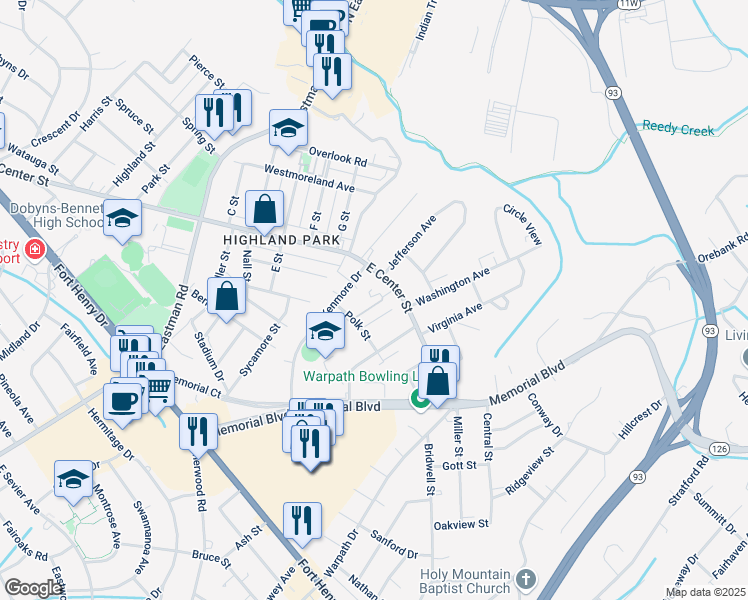 map of restaurants, bars, coffee shops, grocery stores, and more near 2712 Polk Street in Kingsport