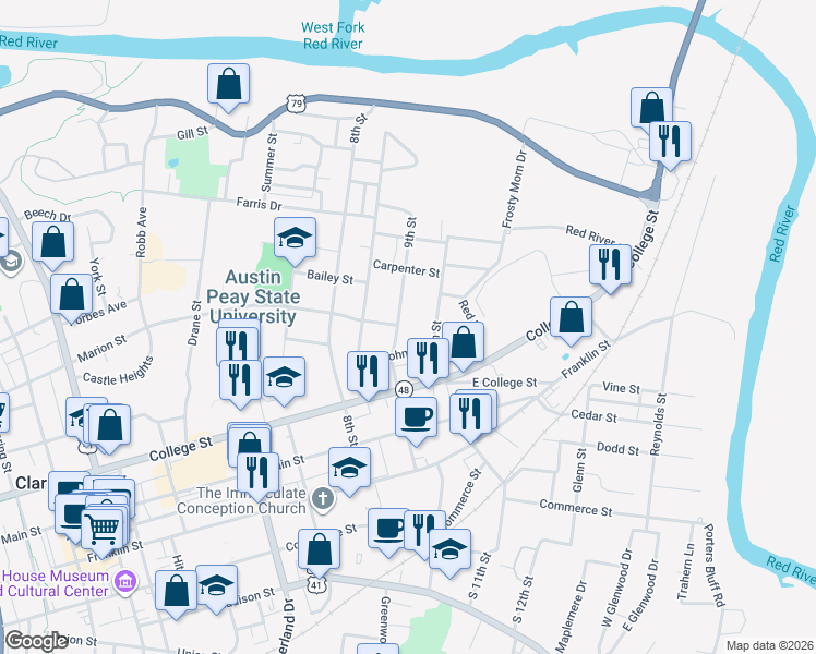map of restaurants, bars, coffee shops, grocery stores, and more near 410 9th Street in Clarksville