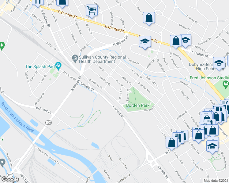 map of restaurants, bars, coffee shops, grocery stores, and more near 1329 Chestnut Street in Kingsport