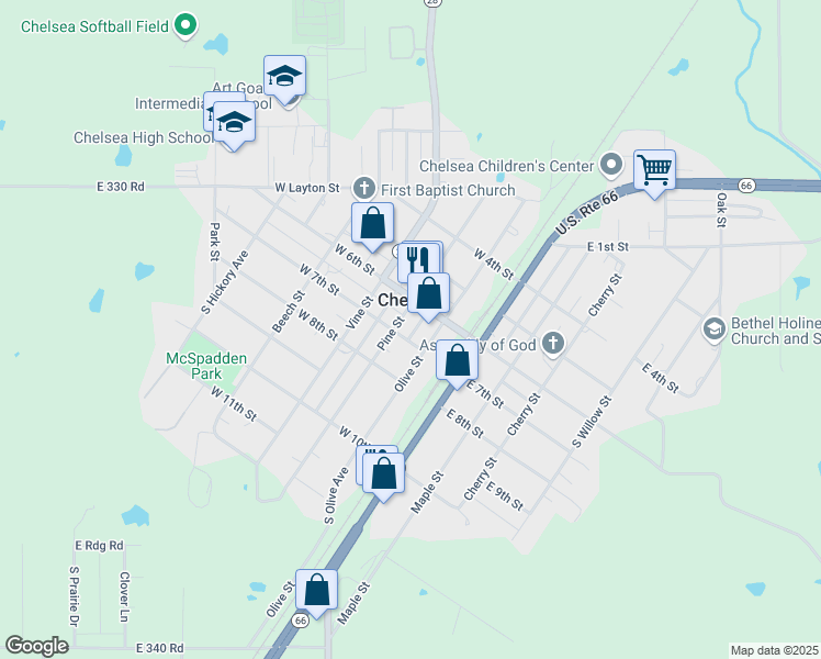 map of restaurants, bars, coffee shops, grocery stores, and more near 618 Pine Street in Chelsea