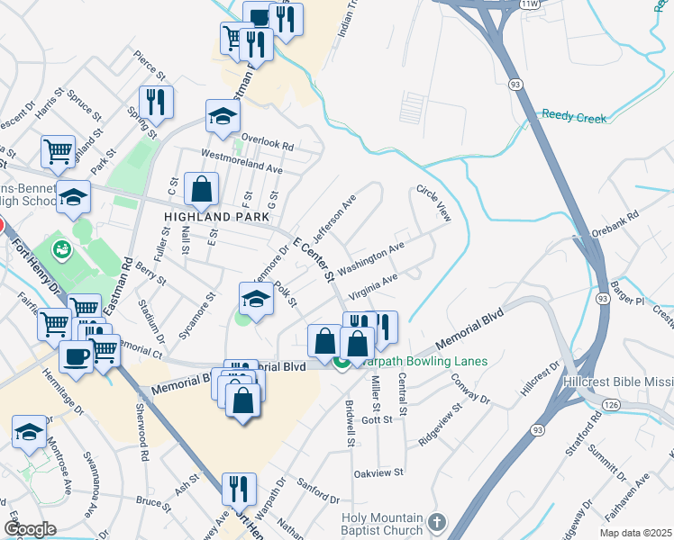 map of restaurants, bars, coffee shops, grocery stores, and more near 2749 East Center Street in Kingsport