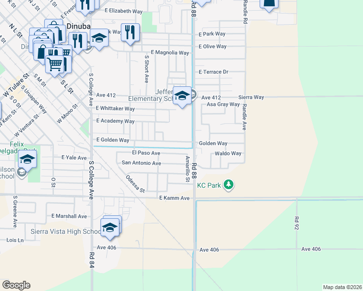 map of restaurants, bars, coffee shops, grocery stores, and more near 1667 E Golden Way in Dinuba