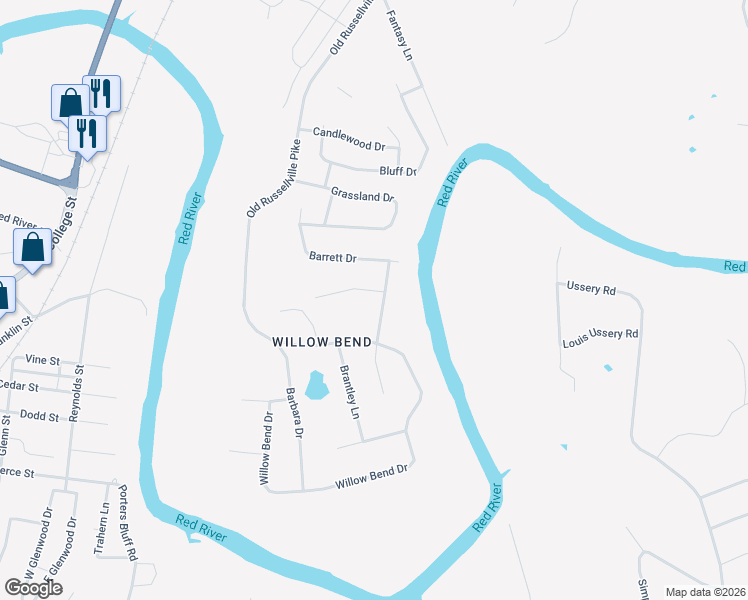 map of restaurants, bars, coffee shops, grocery stores, and more near 1545 North Willow Bend Court in Clarksville