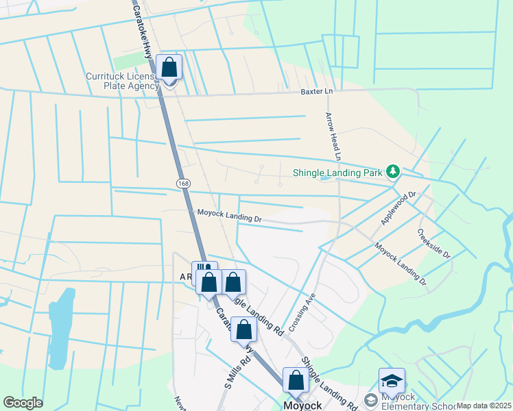 map of restaurants, bars, coffee shops, grocery stores, and more near 141 Moyock Landing Drive in Moyock