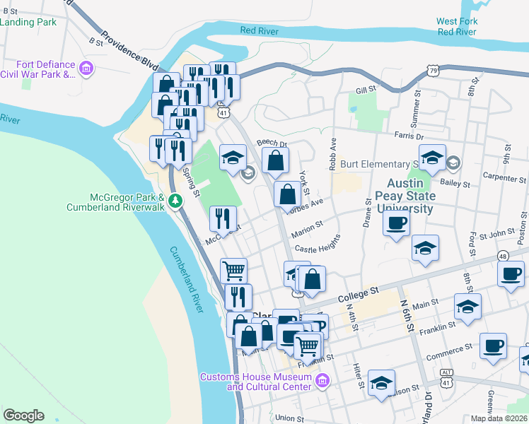 map of restaurants, bars, coffee shops, grocery stores, and more near 601 Anderson Drive in Clarksville