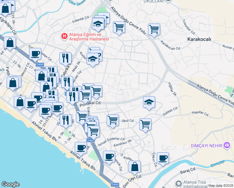 map of restaurants, bars, coffee shops, grocery stores, and more near Bekirler Sokak in Alanya