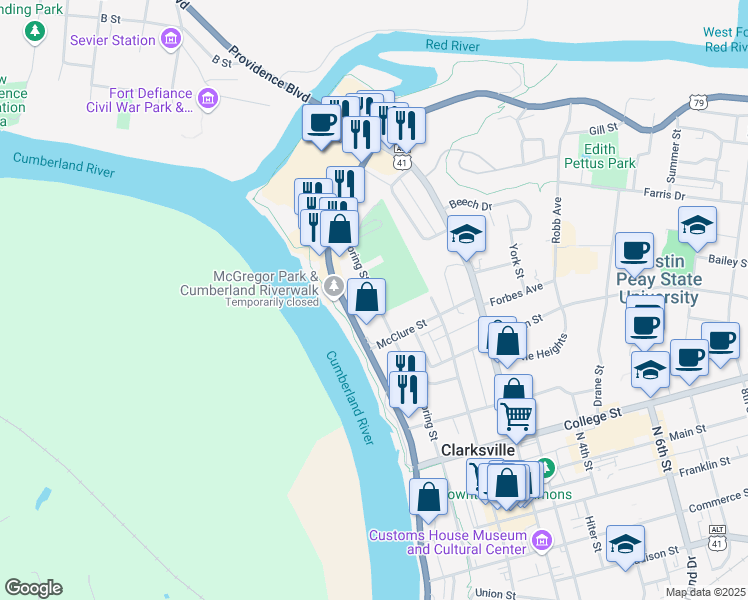 map of restaurants, bars, coffee shops, grocery stores, and more near 425 N Spring St in Clarksville