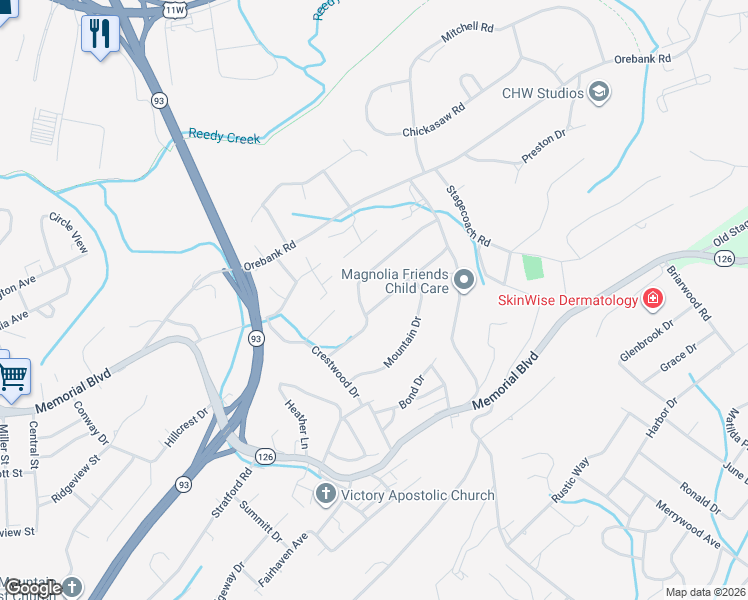 map of restaurants, bars, coffee shops, grocery stores, and more near 2332 Inglewood Drive in Kingsport