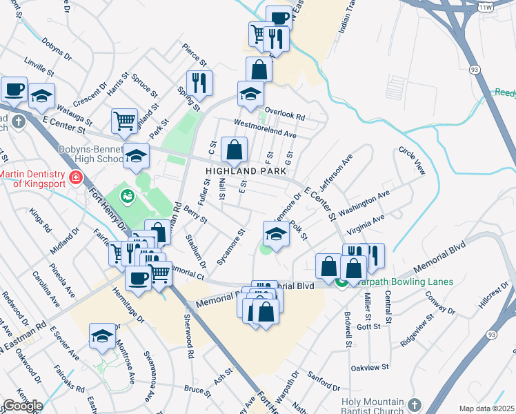 map of restaurants, bars, coffee shops, grocery stores, and more near 2317 Maxwell Avenue in Kingsport