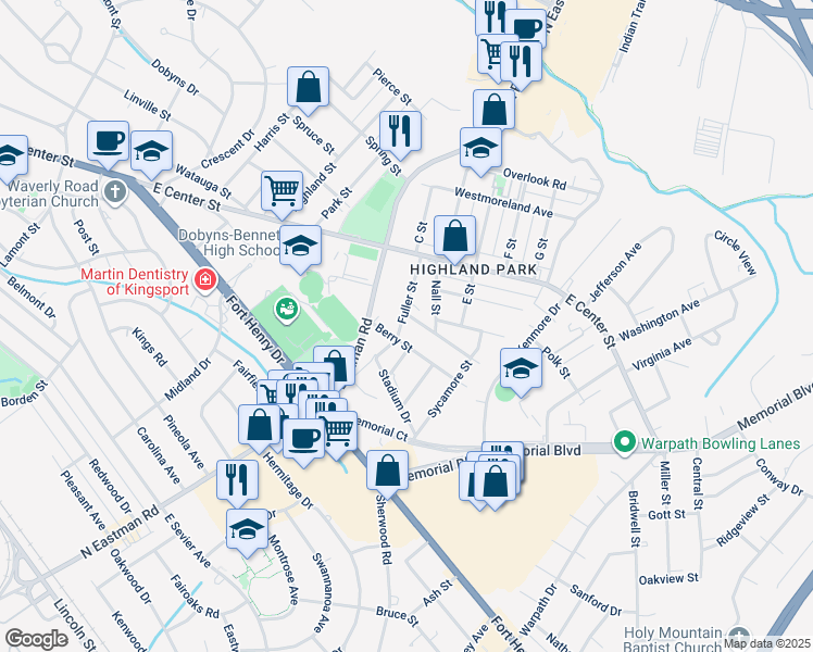 map of restaurants, bars, coffee shops, grocery stores, and more near 1527 Fuller Street in Kingsport