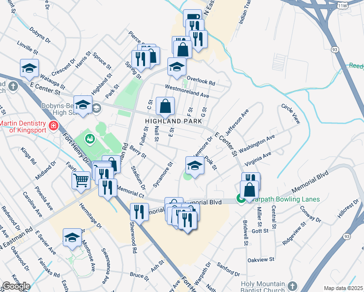 map of restaurants, bars, coffee shops, grocery stores, and more near 2317 Maxwell Avenue in Kingsport