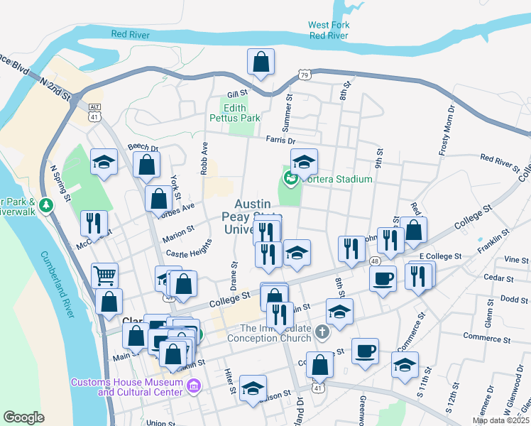 map of restaurants, bars, coffee shops, grocery stores, and more near 601 College Street in Clarksville