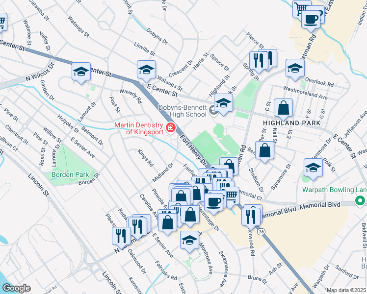 map of restaurants, bars, coffee shops, grocery stores, and more near 1609 Fort Henry Drive in Kingsport