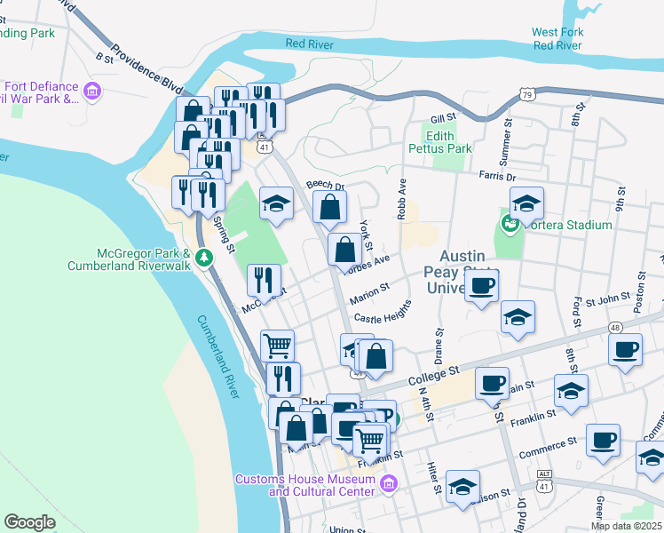 map of restaurants, bars, coffee shops, grocery stores, and more near North 2nd Street in Clarksville