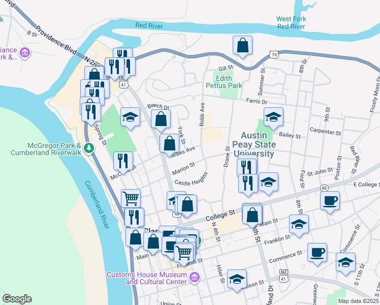 map of restaurants, bars, coffee shops, grocery stores, and more near 248 Forbes Avenue in Clarksville