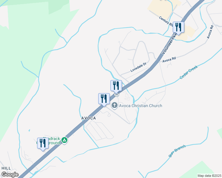 map of restaurants, bars, coffee shops, grocery stores, and more near 2420 Volunteer Parkway in Bristol