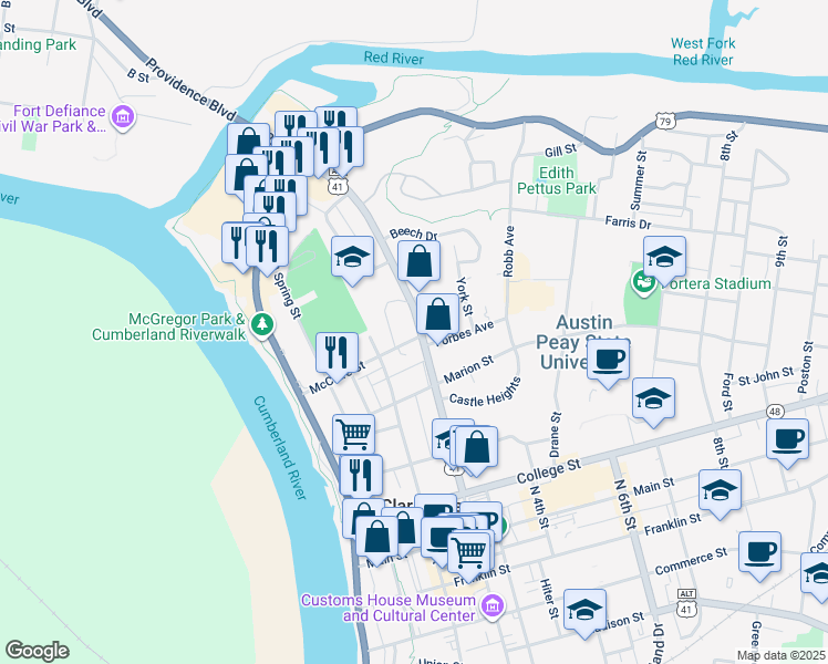 map of restaurants, bars, coffee shops, grocery stores, and more near 612 North 2nd Street in Clarksville