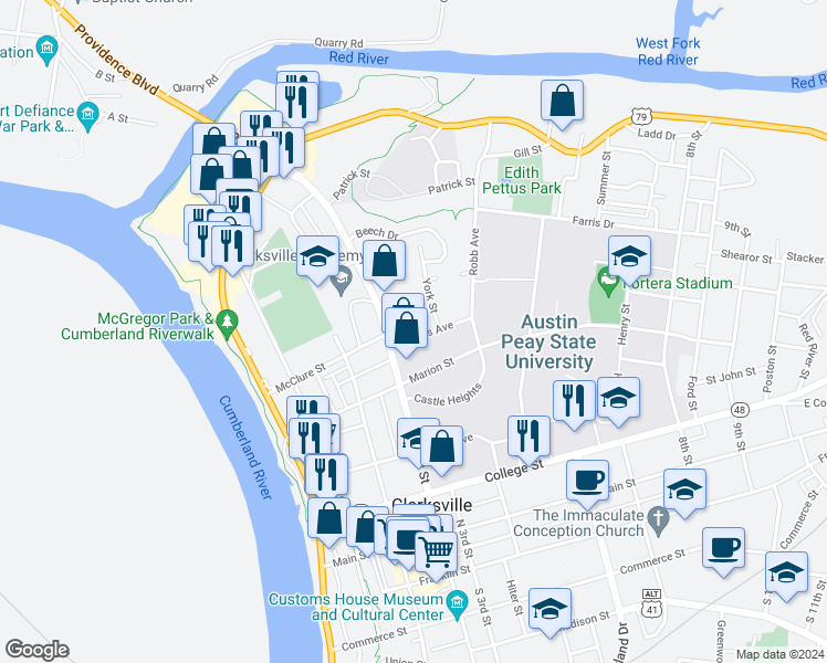map of restaurants, bars, coffee shops, grocery stores, and more near 223 Forbes Avenue in Clarksville