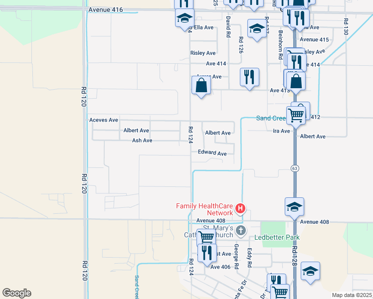 map of restaurants, bars, coffee shops, grocery stores, and more near 41079 Road 124 in Orosi