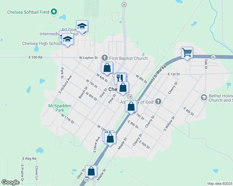 map of restaurants, bars, coffee shops, grocery stores, and more near 618 Pine Street in Chelsea