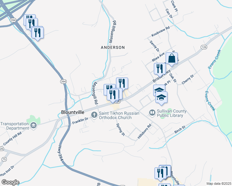 map of restaurants, bars, coffee shops, grocery stores, and more near 75 Blountville Bypass in Blountville