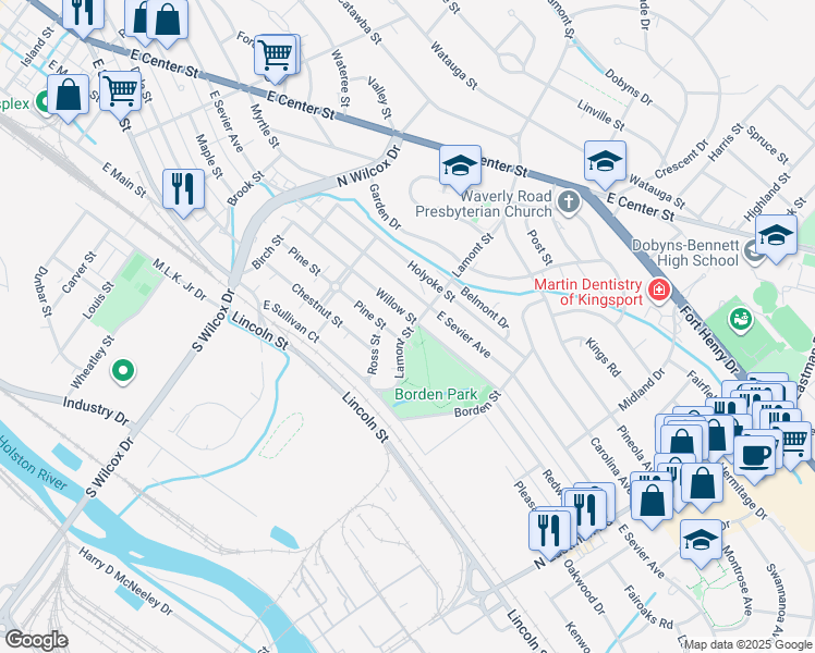 map of restaurants, bars, coffee shops, grocery stores, and more near 910 Lamont Street in Kingsport