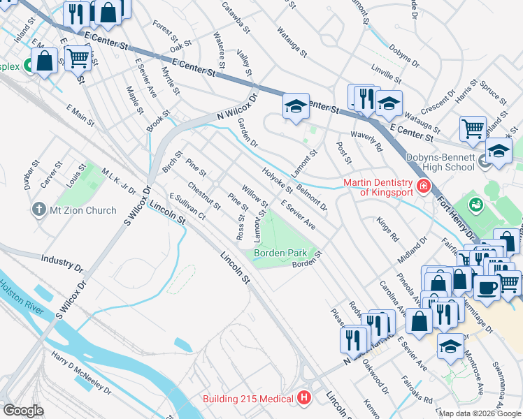 map of restaurants, bars, coffee shops, grocery stores, and more near 914 Lamont Street in Kingsport
