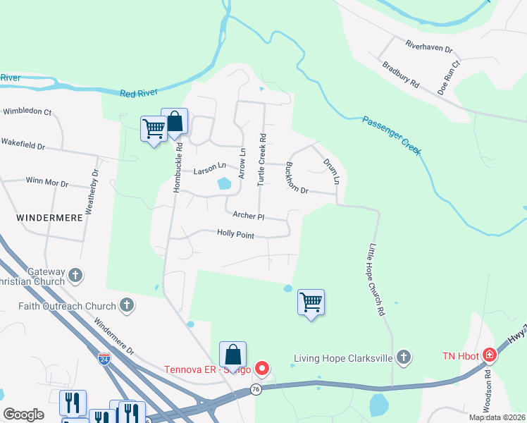 map of restaurants, bars, coffee shops, grocery stores, and more near 803 Turtle Creek Road in Clarksville