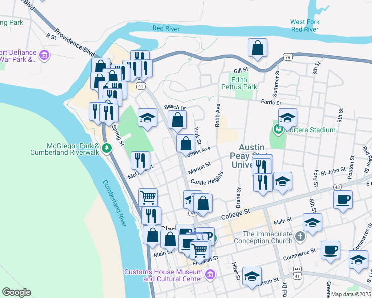 map of restaurants, bars, coffee shops, grocery stores, and more near 607 North 2nd Street in Clarksville