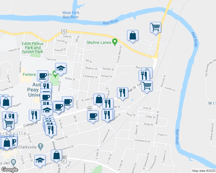 map of restaurants, bars, coffee shops, grocery stores, and more near 123 Red River Street in Clarksville