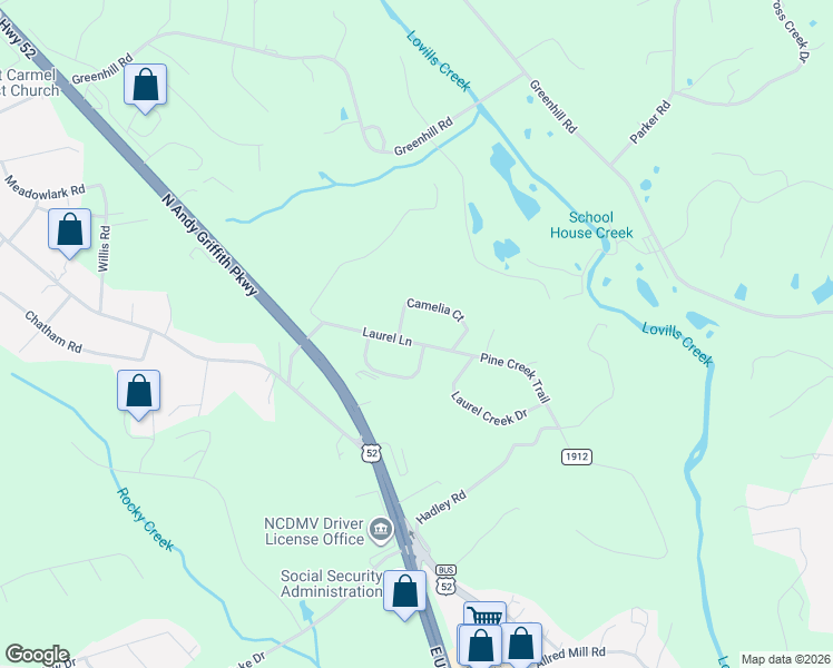 map of restaurants, bars, coffee shops, grocery stores, and more near 140 Laurel Lane in Mount Airy