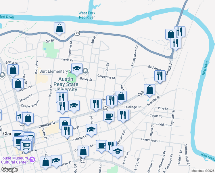 map of restaurants, bars, coffee shops, grocery stores, and more near 518 Poston Street in Clarksville