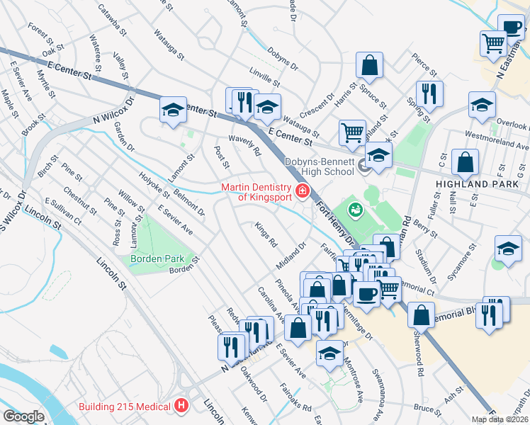 map of restaurants, bars, coffee shops, grocery stores, and more near 1533 Greenfield Avenue in Kingsport
