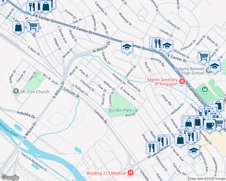 map of restaurants, bars, coffee shops, grocery stores, and more near 914 Lamont Street in Kingsport