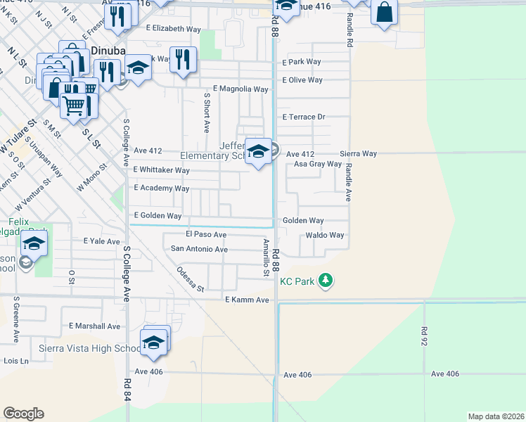 map of restaurants, bars, coffee shops, grocery stores, and more near 1667 East Golden Way in Dinuba