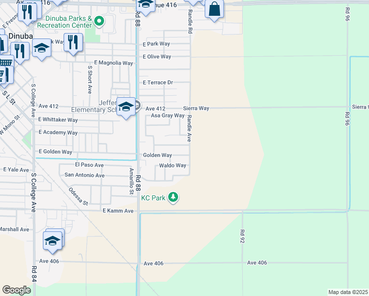 map of restaurants, bars, coffee shops, grocery stores, and more near 2062 Dunbar Way in Dinuba